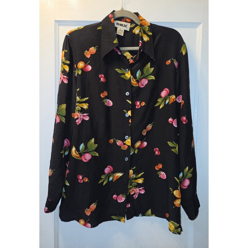 Vintage Silx Blouse. Fruit Print. 100% Silk. Black. L
